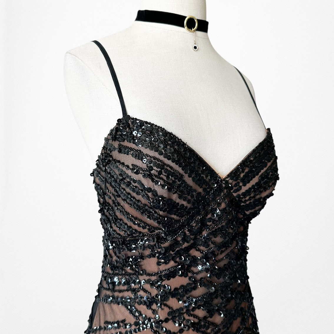 Vintage Y2K Brown Black Beaded Mesh Maxi Bodycon Side Slit Prom Dress Size M/L