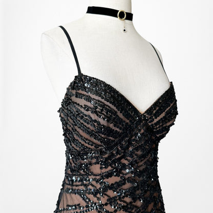 Vintage Y2K Brown Black Beaded Mesh Maxi Bodycon Side Slit Prom Dress Size M/L