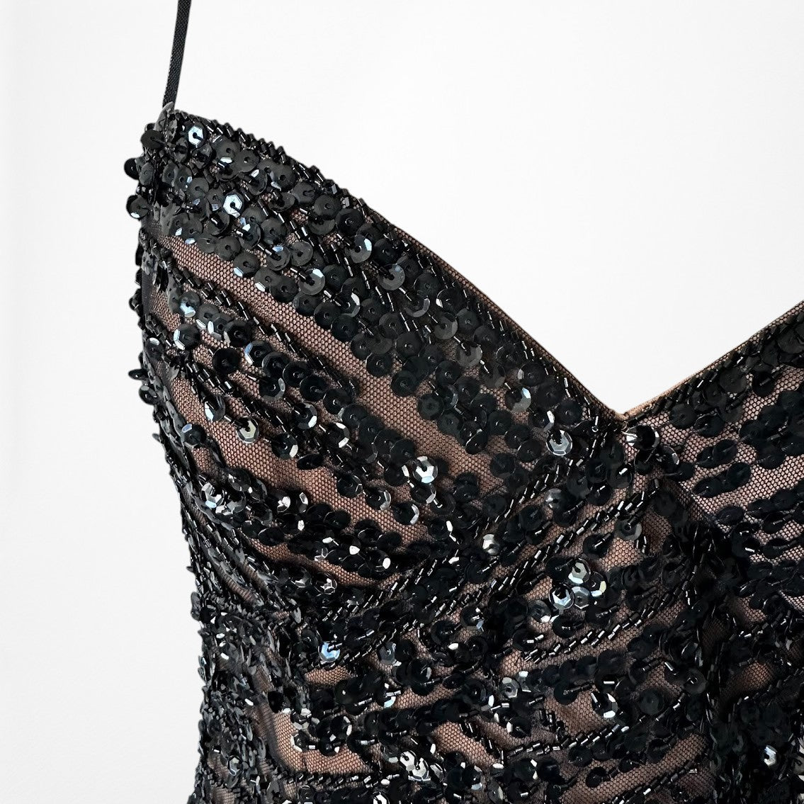 Vintage Y2K Brown Black Beaded Mesh Maxi Bodycon Side Slit Prom Dress Size M/L