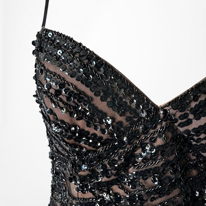 Vintage Y2K Brown Black Beaded Mesh Maxi Bodycon Side Slit Prom Dress Size M/L