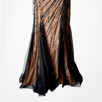 Vintage Y2K Brown Black Beaded Mesh Maxi Bodycon Side Slit Prom Dress Size M/L