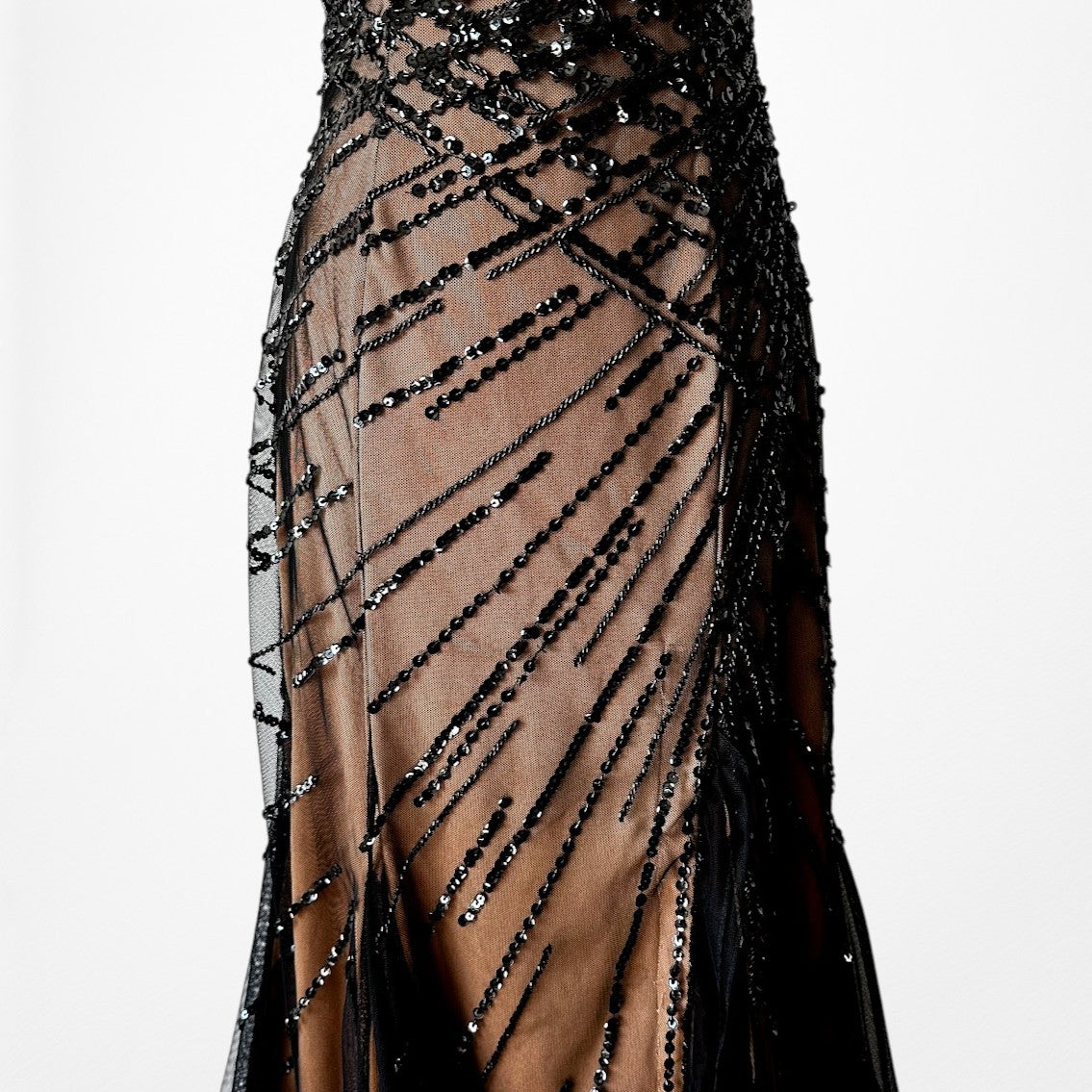 Vintage Y2K Brown Black Beaded Mesh Maxi Bodycon Side Slit Prom Dress Size M/L