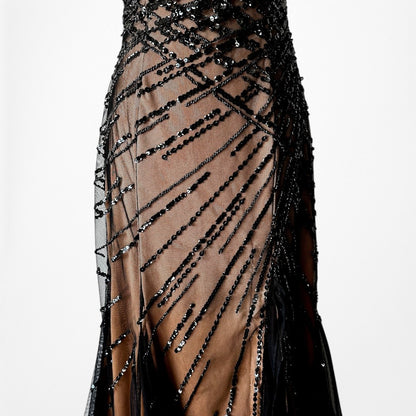 Vintage Y2K Brown Black Beaded Mesh Maxi Bodycon Side Slit Prom Dress Size M/L