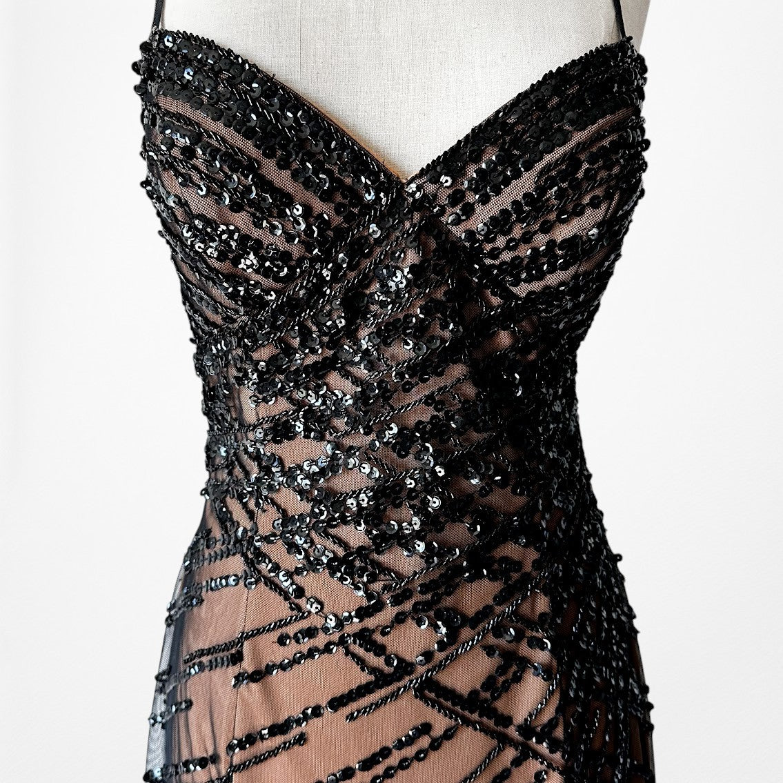 Vintage Y2K Brown Black Beaded Mesh Maxi Bodycon Side Slit Prom Dress Size M/L