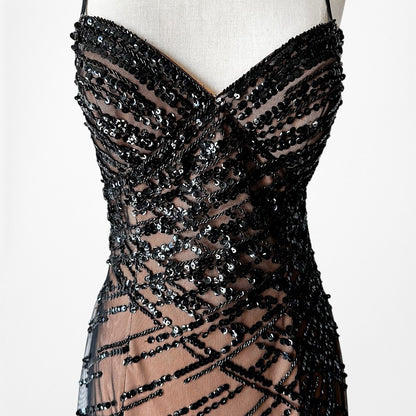 Vintage Y2K Brown Black Beaded Mesh Maxi Bodycon Side Slit Prom Dress Size M/L