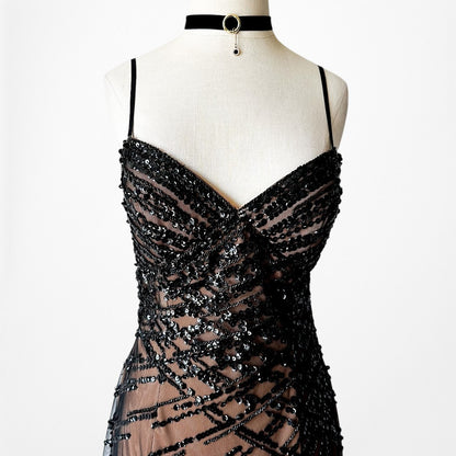 Vintage Y2K Brown Black Beaded Mesh Maxi Bodycon Side Slit Prom Dress Size M/L