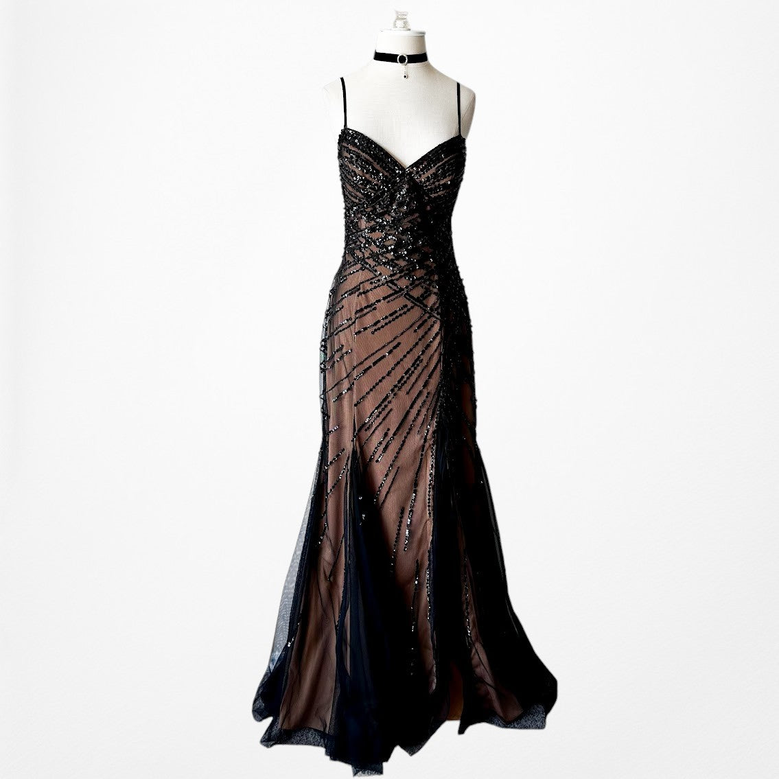 Vintage Y2K Brown Black Beaded Mesh Maxi Bodycon Side Slit Prom Dress Size M/L