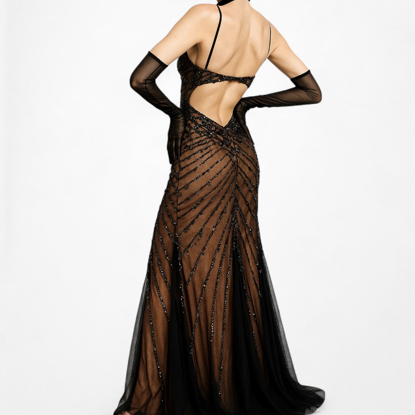 Vintage Y2K Brown Black Beaded Mesh Maxi Bodycon Side Slit Prom Dress Size M/L