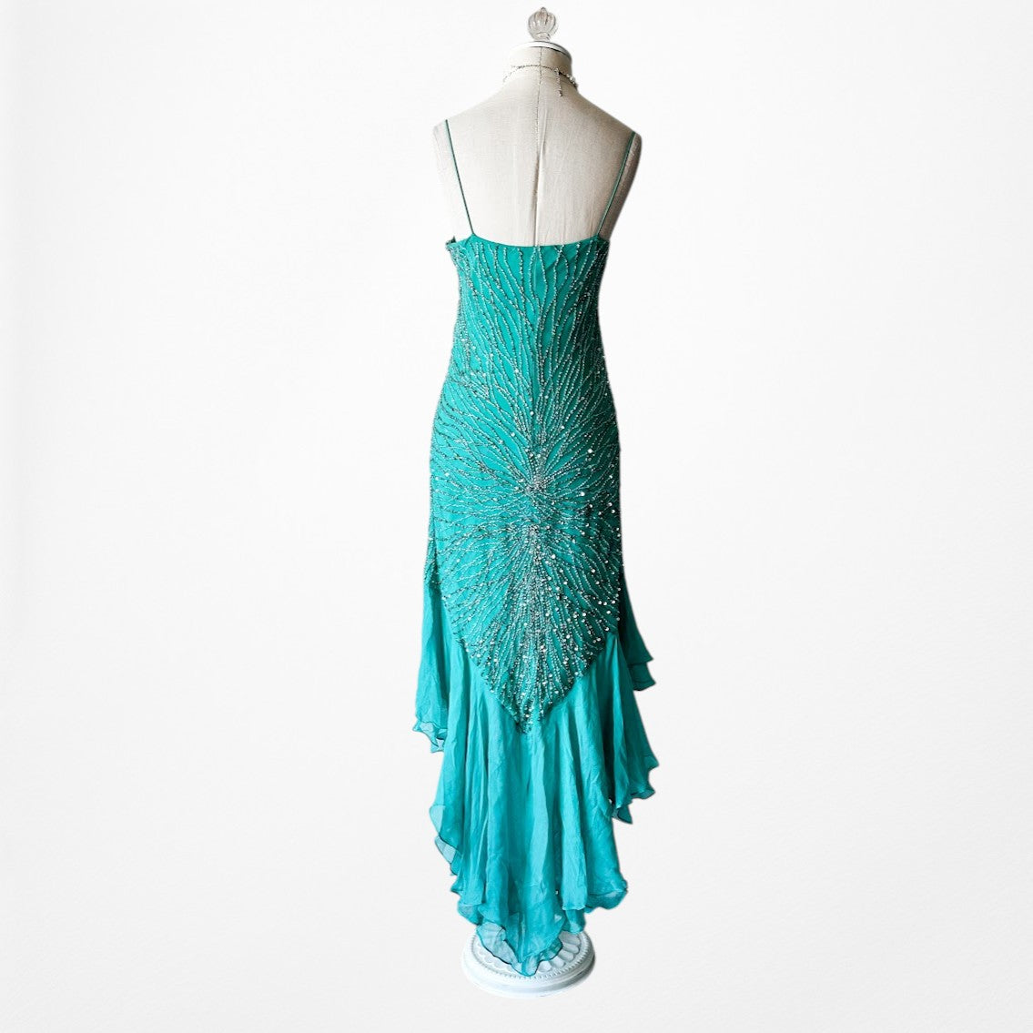 Vintage Blue Silk Beaded Ruffle High Low Midi Cocktail Prom Dress Size M/L