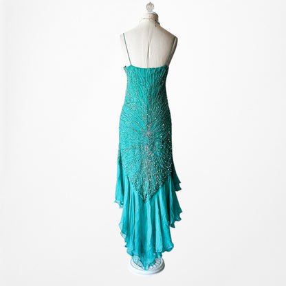 Vintage Blue Silk Beaded Ruffle High Low Midi Cocktail Prom Dress Size M/L