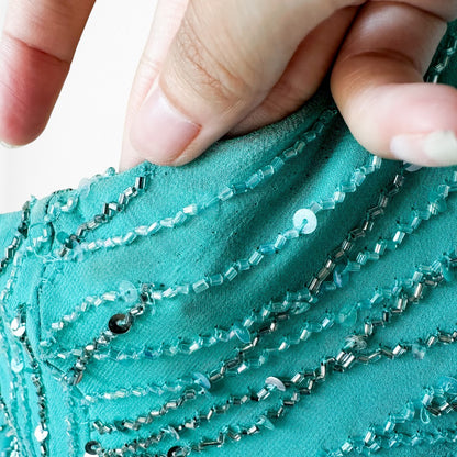 Vintage Blue Silk Beaded Ruffle High Low Midi Cocktail Prom Dress Size M/L