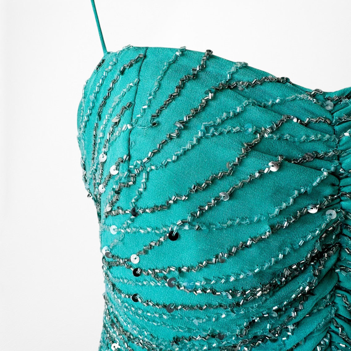 Vintage Blue Silk Beaded Ruffle High Low Midi Cocktail Prom Dress Size M/L