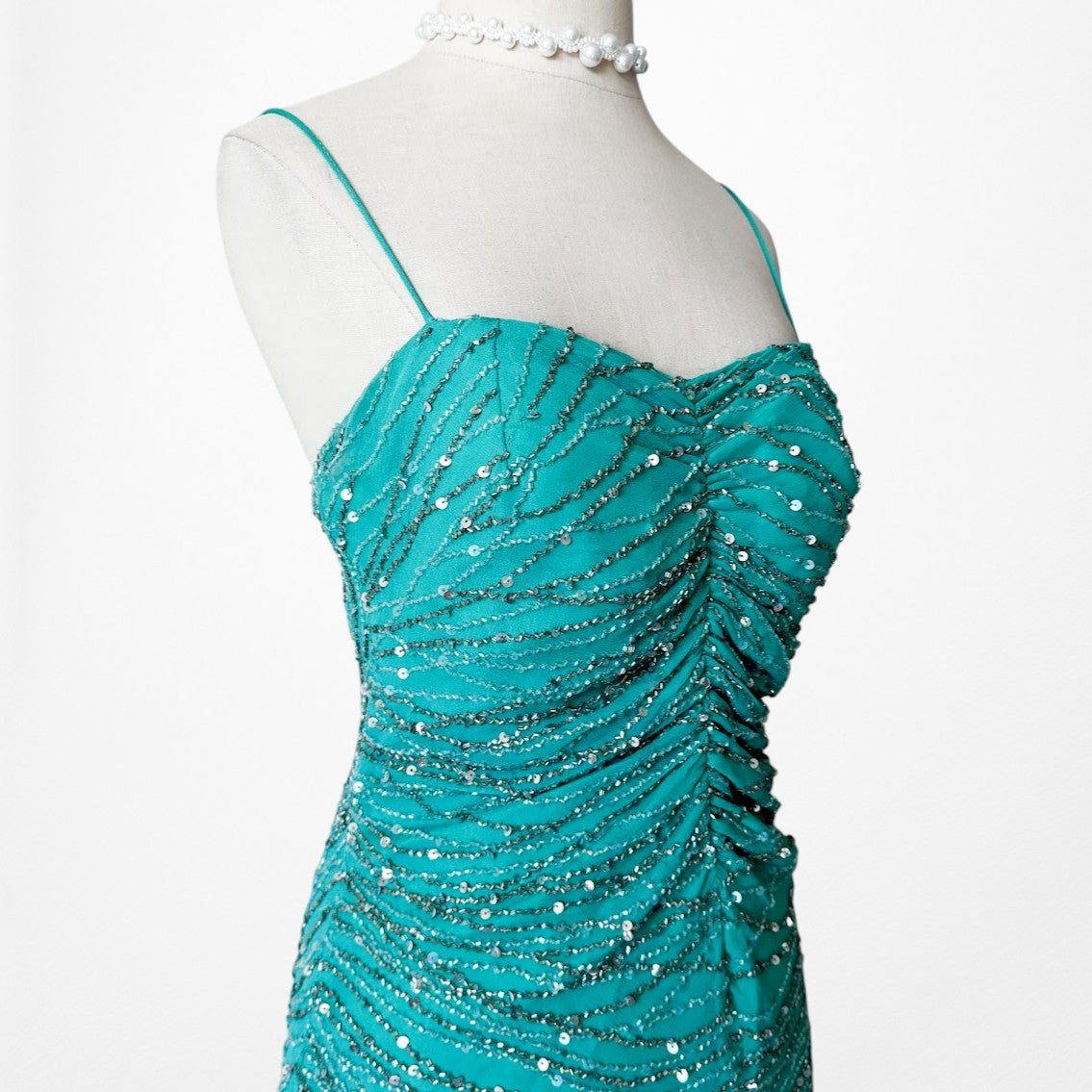 Vintage Blue Silk Beaded Ruffle High Low Midi Cocktail Prom Dress Size M/L