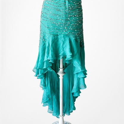 Vintage Blue Silk Beaded Ruffle High Low Midi Cocktail Prom Dress Size M/L