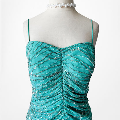 Vintage Blue Silk Beaded Ruffle High Low Midi Cocktail Prom Dress Size M/L