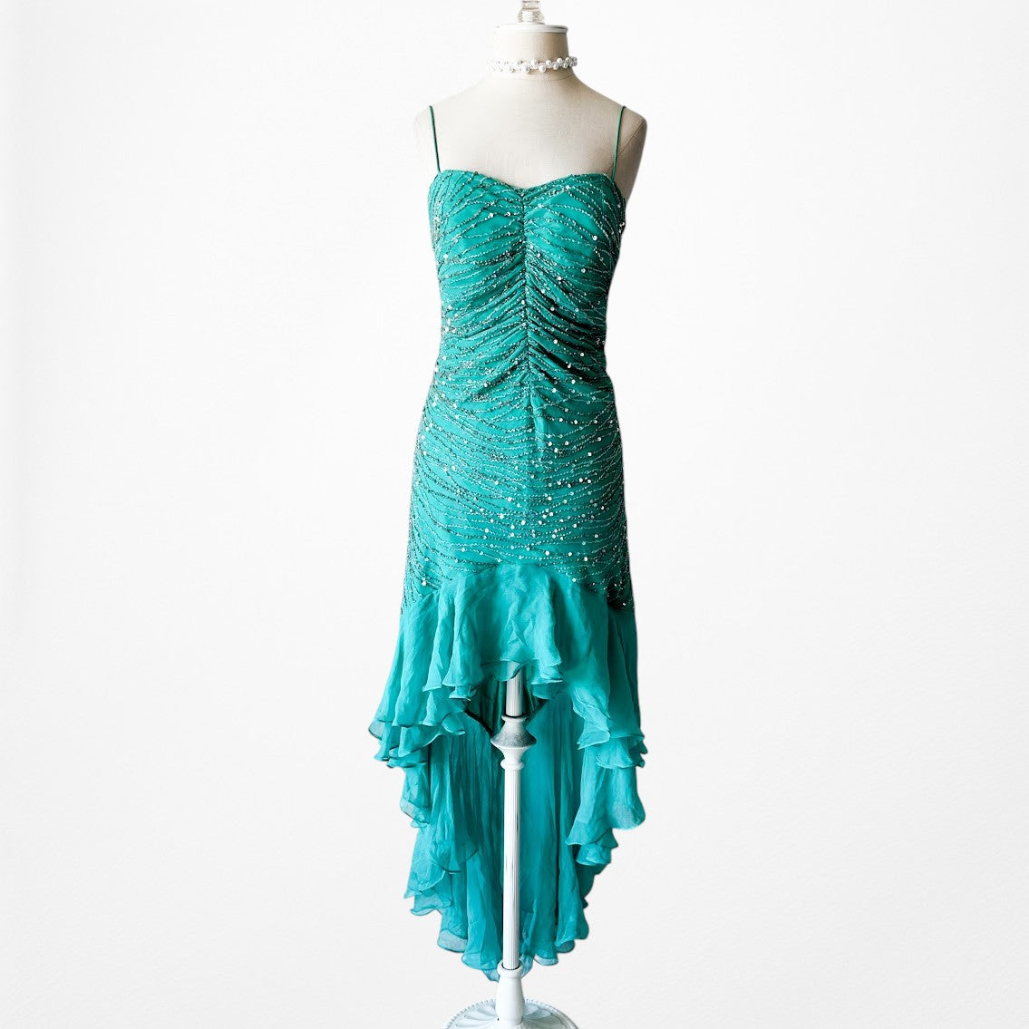 Vintage Blue Silk Beaded Ruffle High Low Midi Cocktail Prom Dress Size M/L