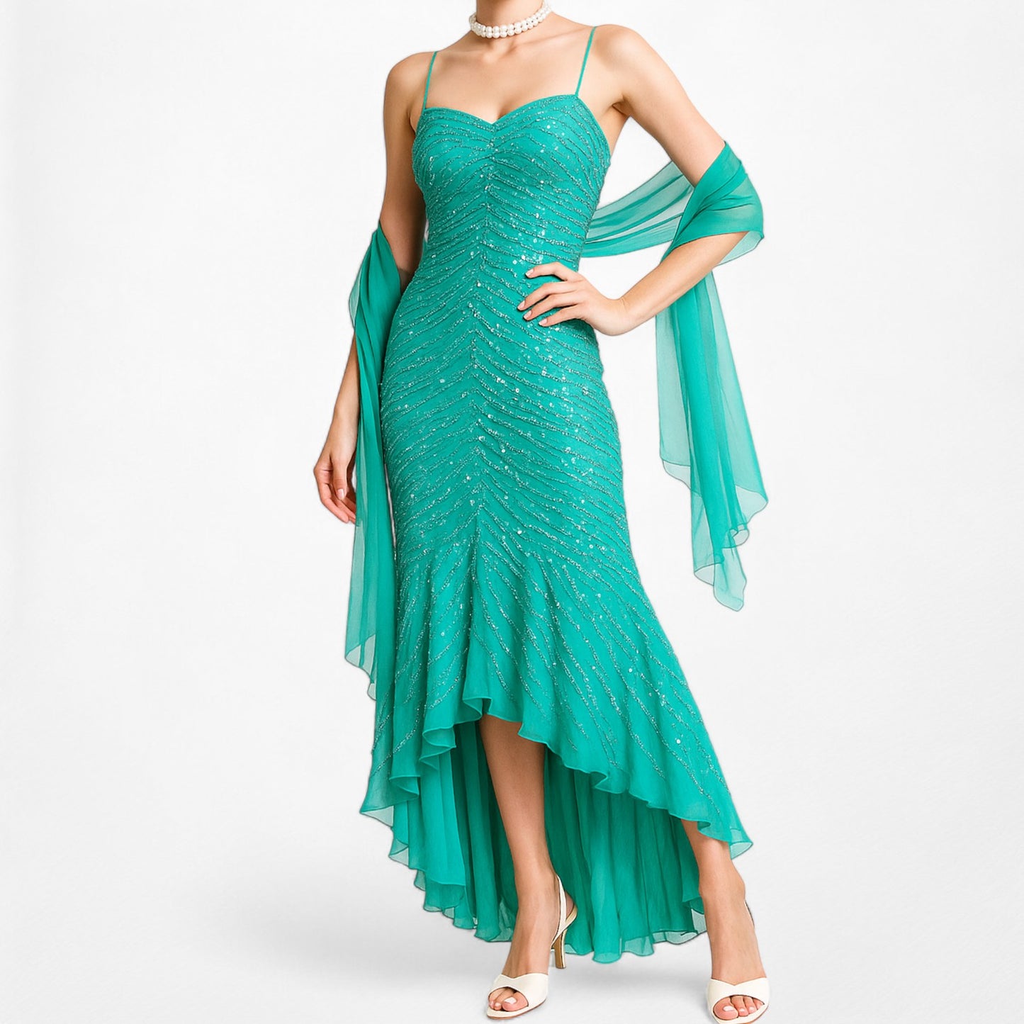 Vintage Blue Silk Beaded Ruffle High Low Midi Cocktail Prom Dress Size M/L