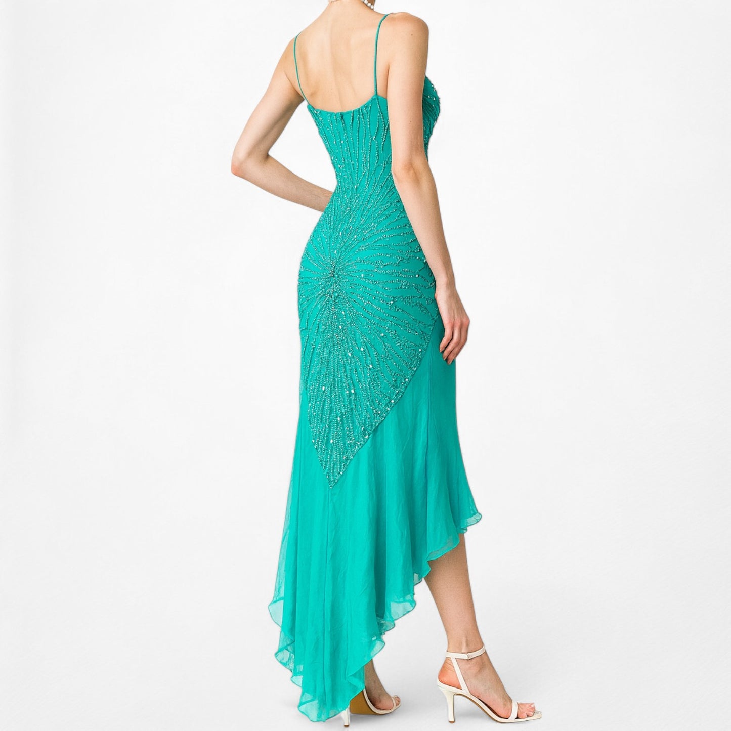 Vintage Blue Silk Beaded Ruffle High Low Midi Cocktail Prom Dress Size M/L