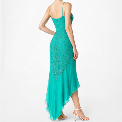 Vintage Blue Silk Beaded Ruffle High Low Midi Cocktail Prom Dress Size M/L