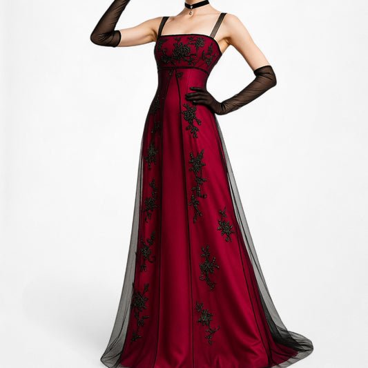 Vintage Burgundy Red Floral Beaded Mesh Babydoll Maxi Prom Dress Size XS/S