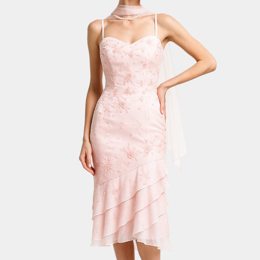 Vintage Y2K Pastel Pink Floral Beaded Knee Length Bodycon Prom Dress Size XL/XXL