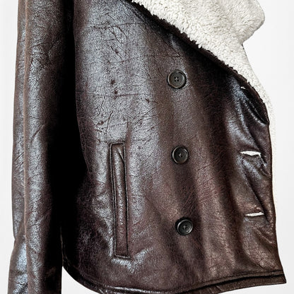 Vintage Y2K Brown Faux Leather Teddy Penny Lane Fur Lined Coat Jacket Size L