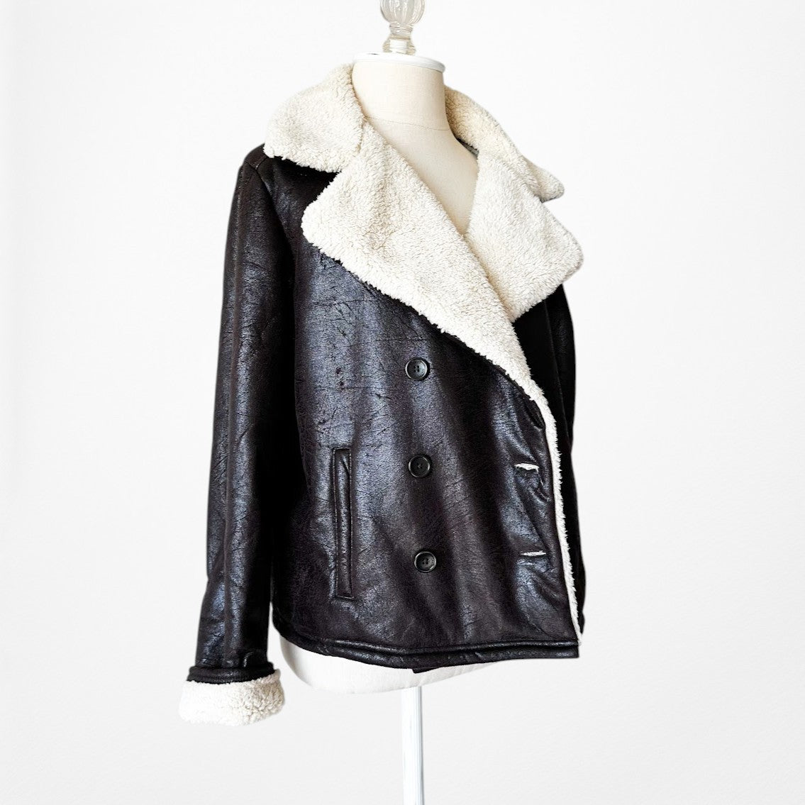 Vintage Y2K Brown Faux Leather Teddy Penny Lane Fur Lined Coat Jacket Size L