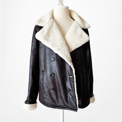 Vintage Y2K Brown Faux Leather Teddy Penny Lane Fur Lined Coat Jacket Size L