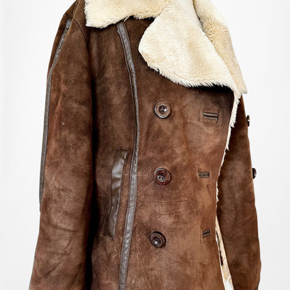 Vintage Y2K Kenneth Cole Brown Shearling Faux Fur Lined Suede Teddy Coat Size M