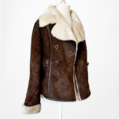 Vintage Y2K Kenneth Cole Brown Shearling Faux Fur Lined Suede Teddy Coat Size M