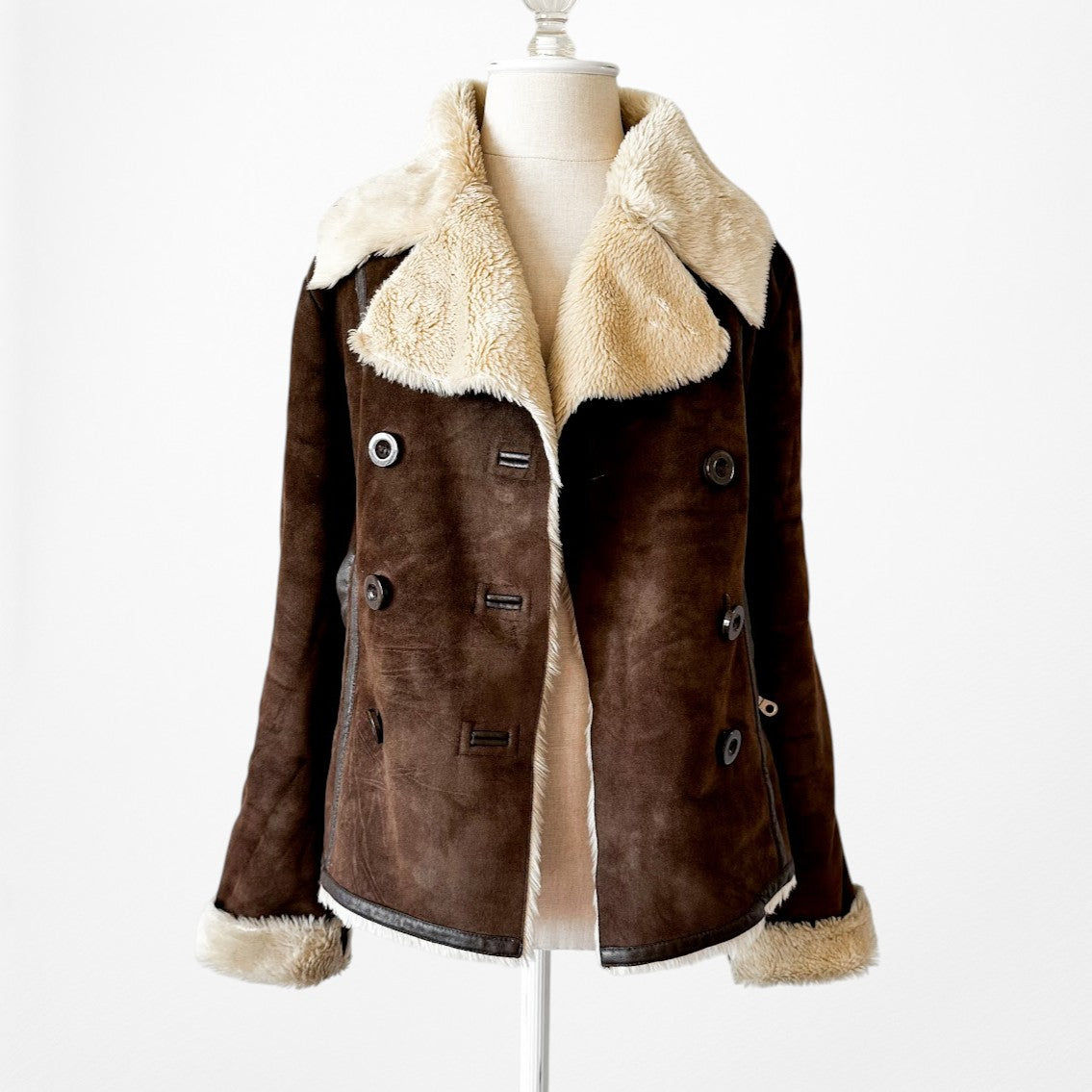 Vintage Y2K Kenneth Cole Brown Shearling Faux Fur Lined Suede Teddy Coat Size M