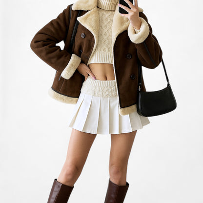 Vintage Y2K Kenneth Cole Brown Shearling Faux Fur Lined Suede Teddy Coat Size M