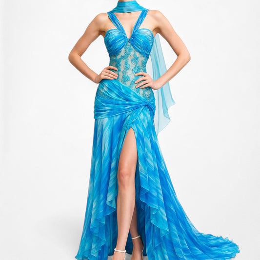 Vintage Y2K Blue Floral Beaded Mesh Asymmetric Ruffle Midi Prom Dress Size L/XL