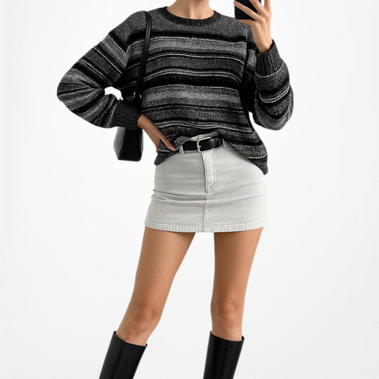 Vintage Y2K Wool Blend Metallic Black Gray Striped Knit Oversized Sweater Size S