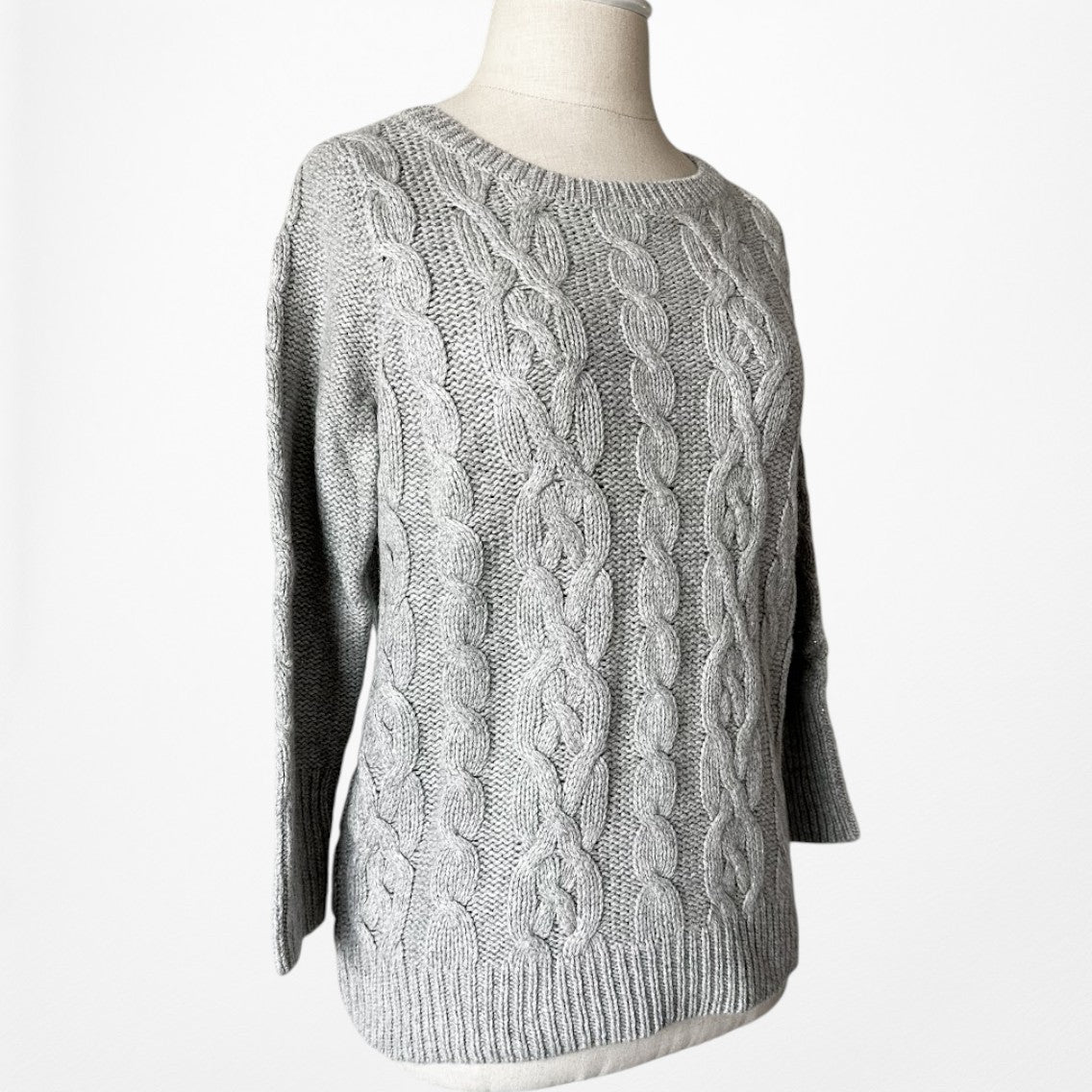 Vintage Y2K Gray Metallic Cable Knit Oversized Wool Blend Sweater Size S