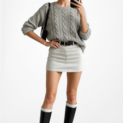 Vintage Y2K Gray Metallic Cable Knit Oversized Wool Blend Sweater Size S