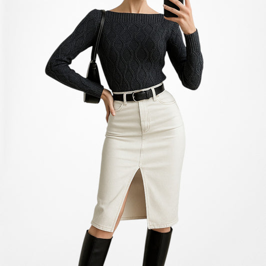 Vintage Y2K Gray Wool Blend Fitted Thick Cable Knit Sweater Size S