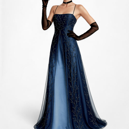 Vintage Y2K Blue Floral Beaded Ombre Satin Mesh Babydoll Prom Dress Size S