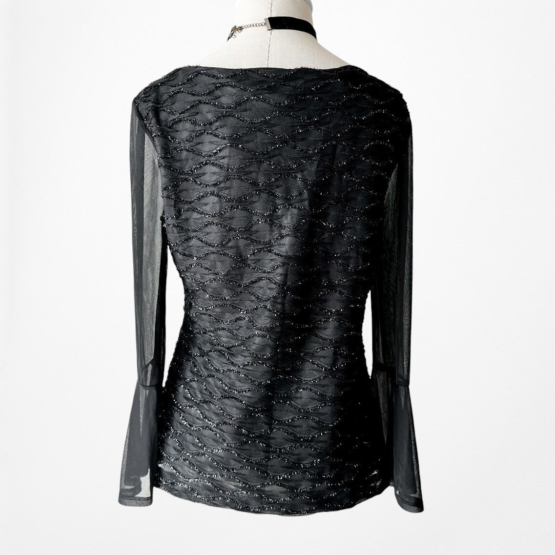 Vintage Y2K Black Long Bell Sleeve Glitter Embellished Blouse Top Size M