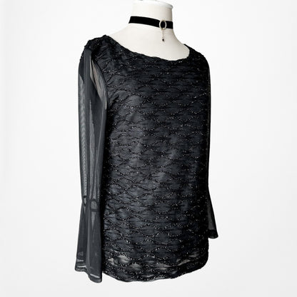Vintage Y2K Black Long Bell Sleeve Glitter Embellished Blouse Top Size M