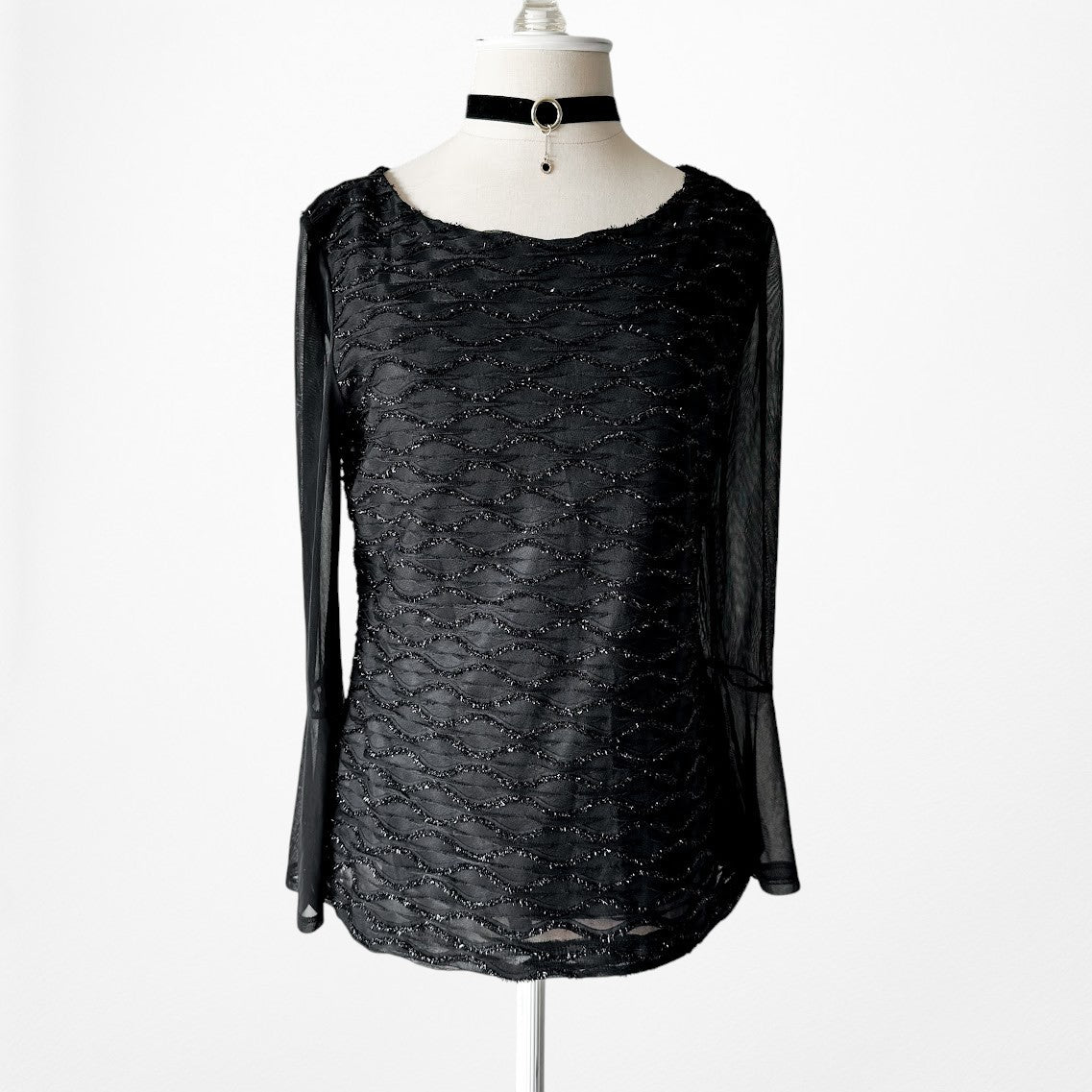 Vintage Y2K Black Long Bell Sleeve Glitter Embellished Blouse Top Size M
