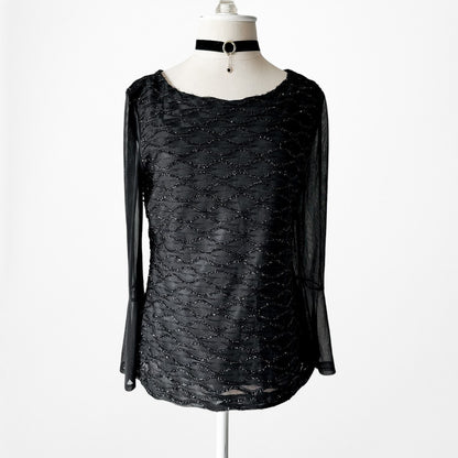 Vintage Y2K Black Long Bell Sleeve Glitter Embellished Blouse Top Size M