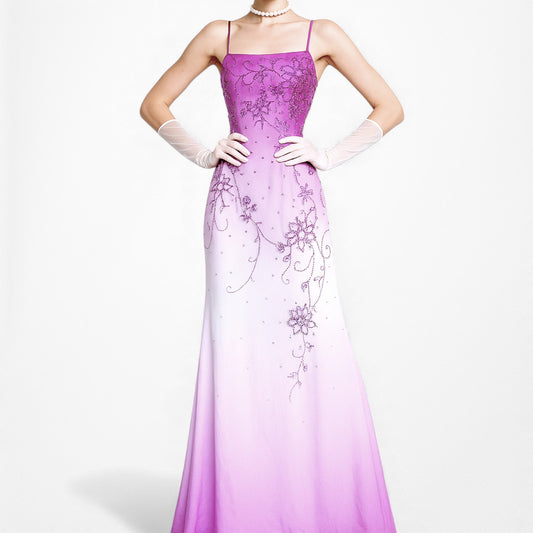 Vintage Y2K Purple White Ombre Floral Beaded Fit Flared Maxi Prom Dress Size S