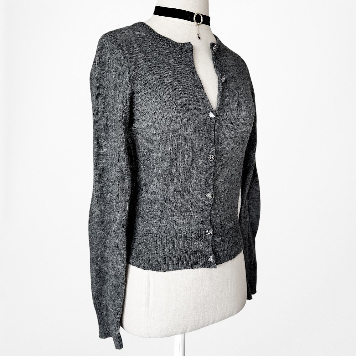 Vintage Y2K Gray Knit Wool Blend Button Front Sweater Cardigan Top Size XS