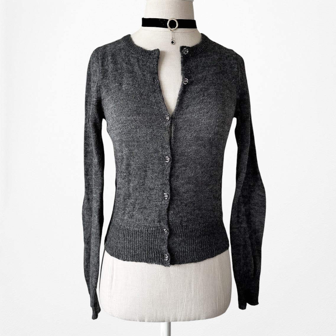 Vintage Y2K Gray Knit Wool Blend Button Front Sweater Cardigan Top Size XS