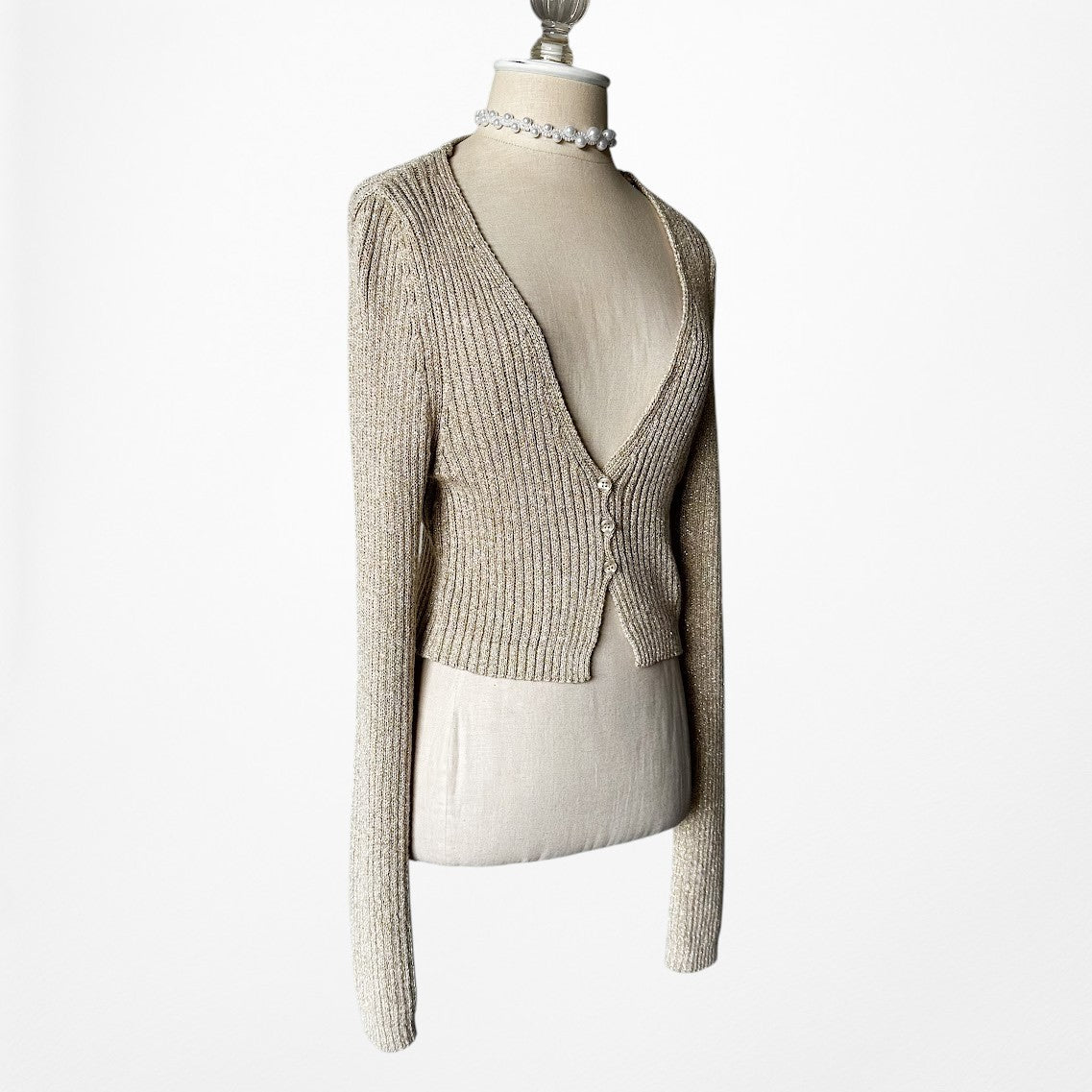 Vintage Y2K Gold Sequin Metallic Ribbed Knit Cropped Cardigan Sweater Size S