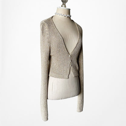 Vintage Y2K Gold Sequin Metallic Ribbed Knit Cropped Cardigan Sweater Size S