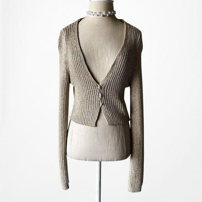 Vintage Y2K Gold Sequin Metallic Ribbed Knit Cropped Cardigan Sweater Size S