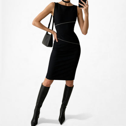 Vintage Y2K Black Sleeveless Knee Length Bodycon Zipper Detail Dress Size M