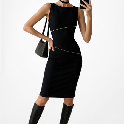 Vintage Y2K Black Sleeveless Knee Length Bodycon Zipper Detail Dress Size M